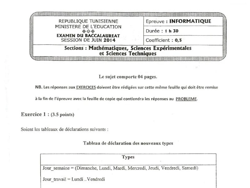 Examen Informatique Bac Sciences Techniques 2014 Session Principale