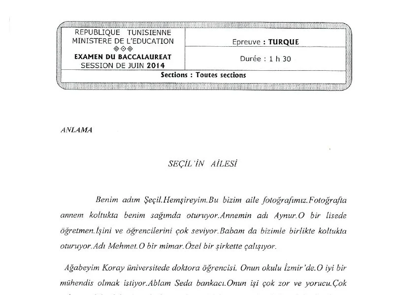 Examen Turc Bac Maths 2014 - Session Principale