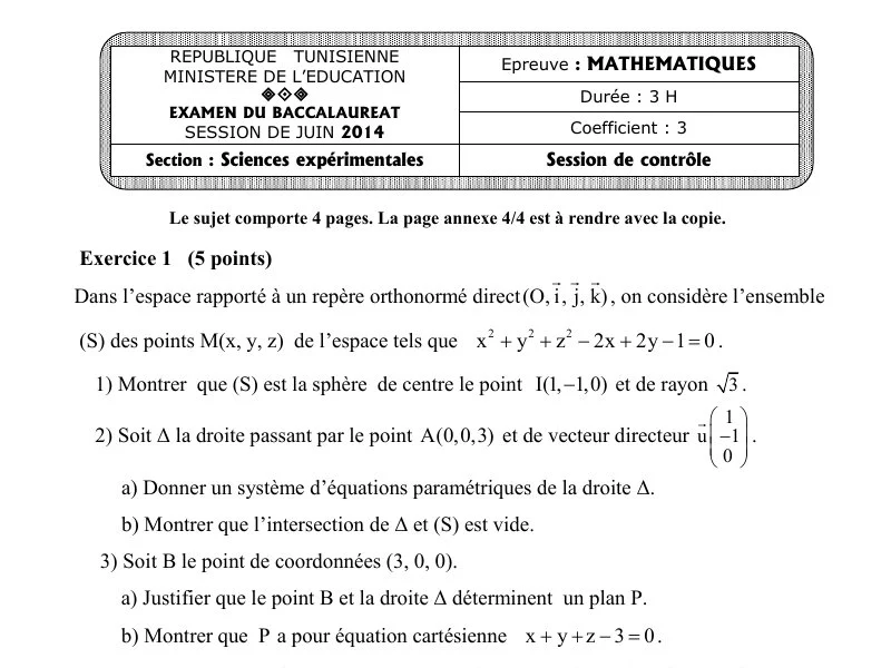 Examen Maths Bac 2014 : Rattrapage Sciences Exp.