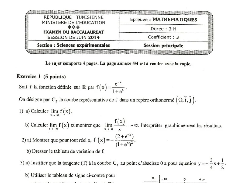 Bac Maths 2014 Sciences Expérimentales - Session Principale