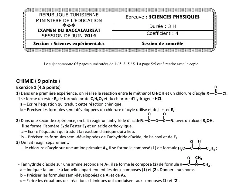 إمتحان فيزياء لسنة 2014 دورة التدارك باكالوريا علوم تجريبية