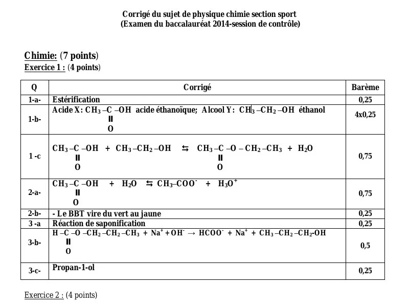 Correction Bac Physique 2014 : Session Contrôle (Éducation Physique)
