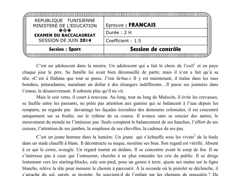 Examen Français BAC 2014 Session Contrôle Éducation Physique