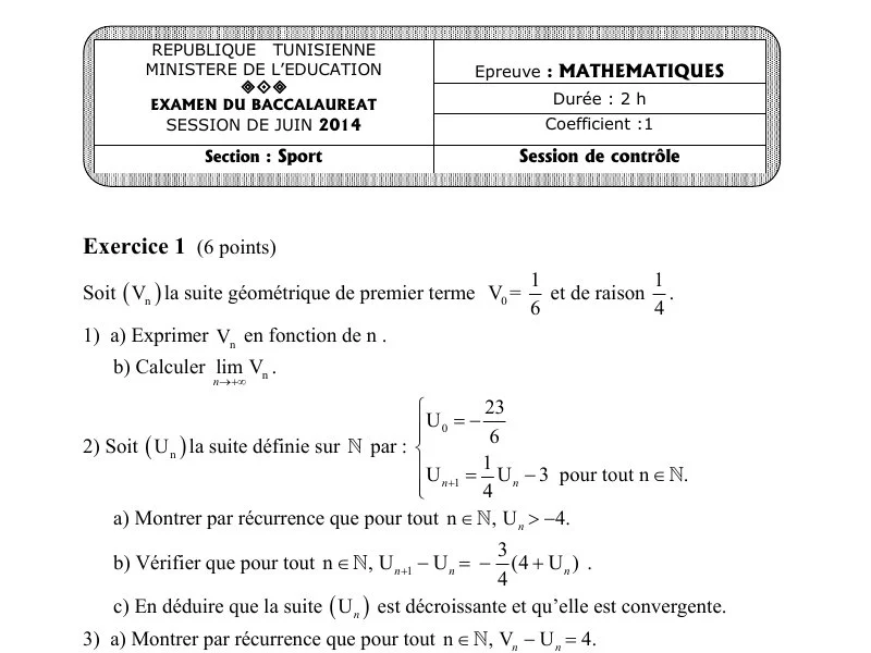 Bac 2014 Épreuves Mathématiques Éducation Physique - Session Contrôle