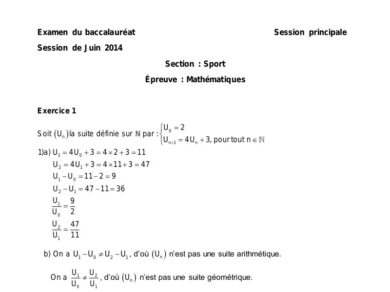 Corrigé Bac 2014 : Maths Éducation Physique (Tunisie)