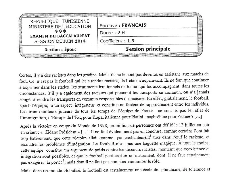 Examen Bac 2014 Français Éducation Physique : Sujet Principal