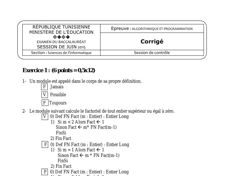 Correction Algorithme et programmation BAC 2015 S controle