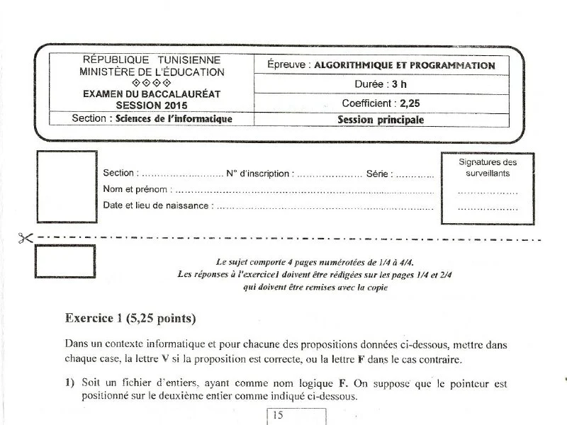 Examen d’algorithme et programmation BAC 2015 S principale
