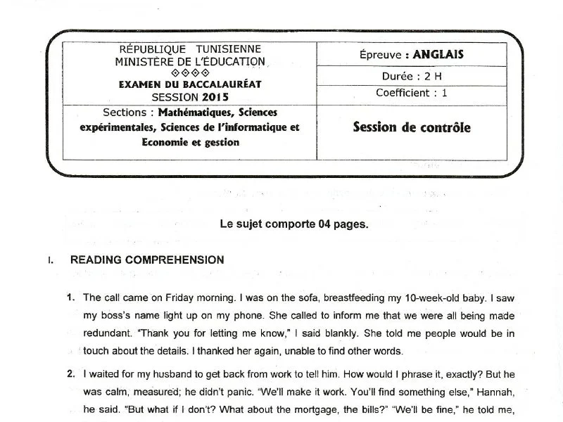 إمتحان إنجليزية لسنة 2015 دورة التدارك باكالوريا علوم تجريبية
