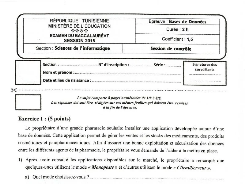 Examen de Base de donnée BAC 2015 controle