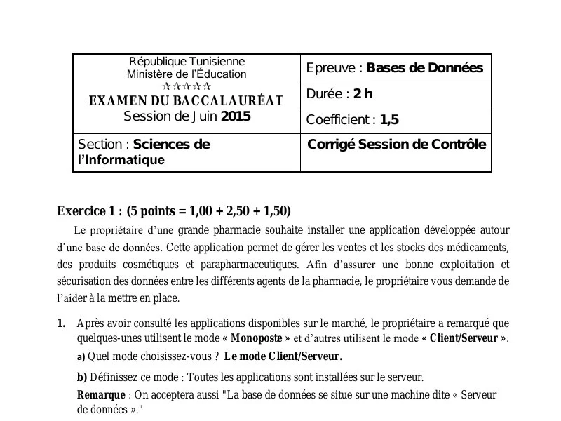 Correction de l'examen de Base de donnée BAC 2015 controle