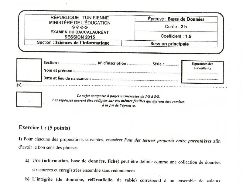 Examen de Base de donnée BAC 2015 principale