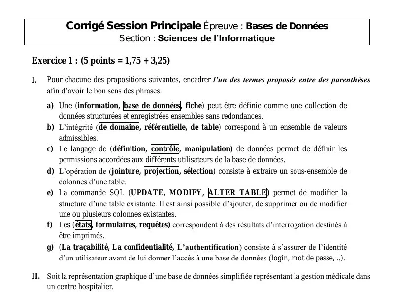 Correction de l'examen de Base de donnée BAC 2015 principale