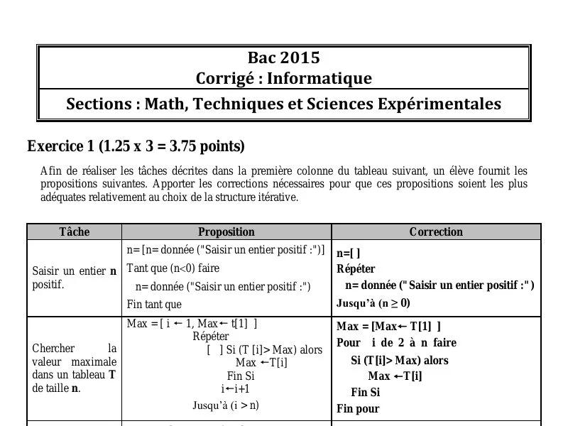 Corrigé Bac Info 2015 Math - Session Principale