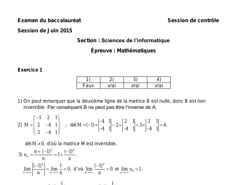 إصلاح إمتحان رياضيات لسنة 2015 دورة التدارك باكالوريا إعلامية