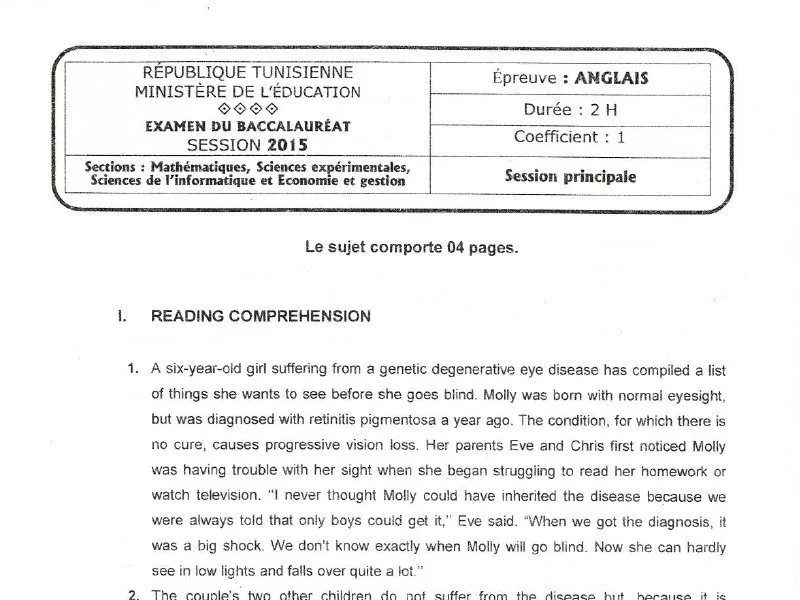 Examen Anglais Bac Maths 2015 | Session Principale