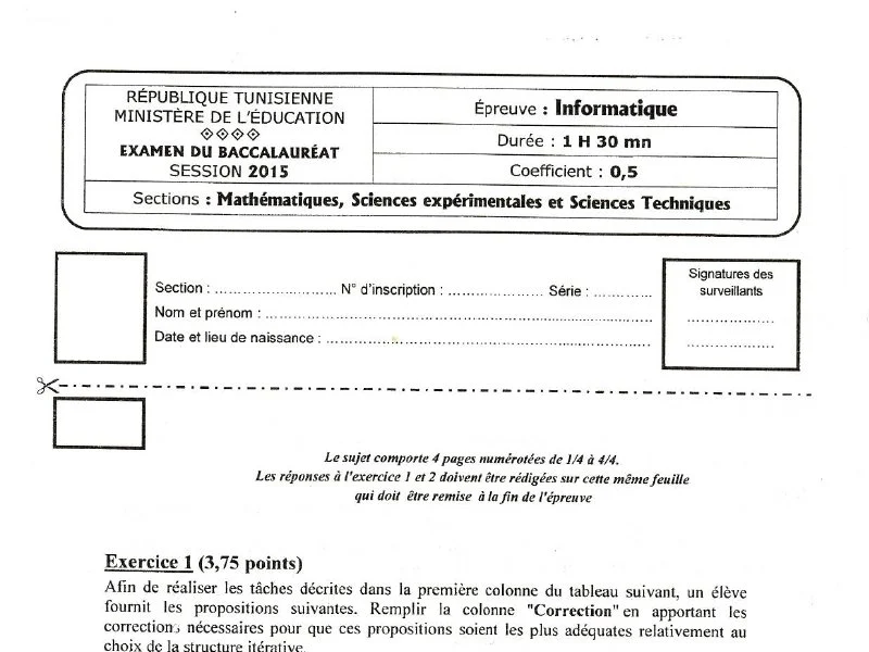 Examen Info 2015 : Session Principale Maths Tunisie