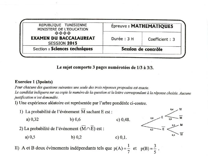 Bac Maths 2015 Tunisie - Rattrapage Sciences Techniques