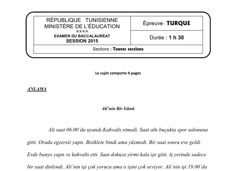 إمتحان تركية لسنة 2015 الدورة الرئيسية باكالوريا علوم تجريبية
