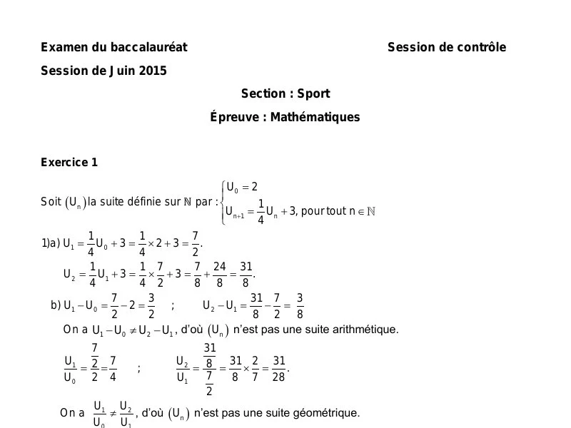 Correction Bac 2015 Maths (Session Rattrapage) Éducation Physique