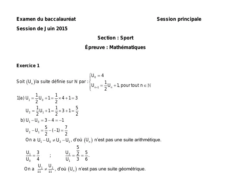 Correction Bac 2015 Maths Éducation Physique : Examen Principal