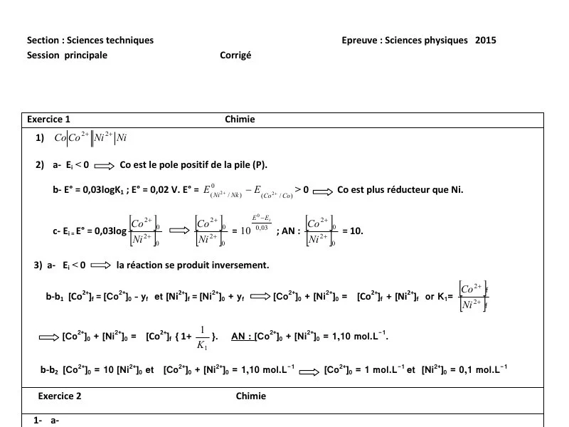 Corrigé Bac Physique 2015 - Sciences Techniques (Session Principale)