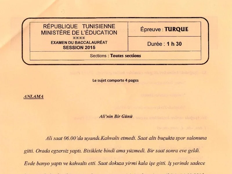 إمتحان اللغة التركية لسنة 2015 الدورة الرئيسية باكالوريا رياضيات