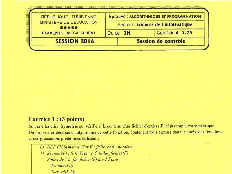 Examen d’algorithme et programmation BAC 2016 S controle