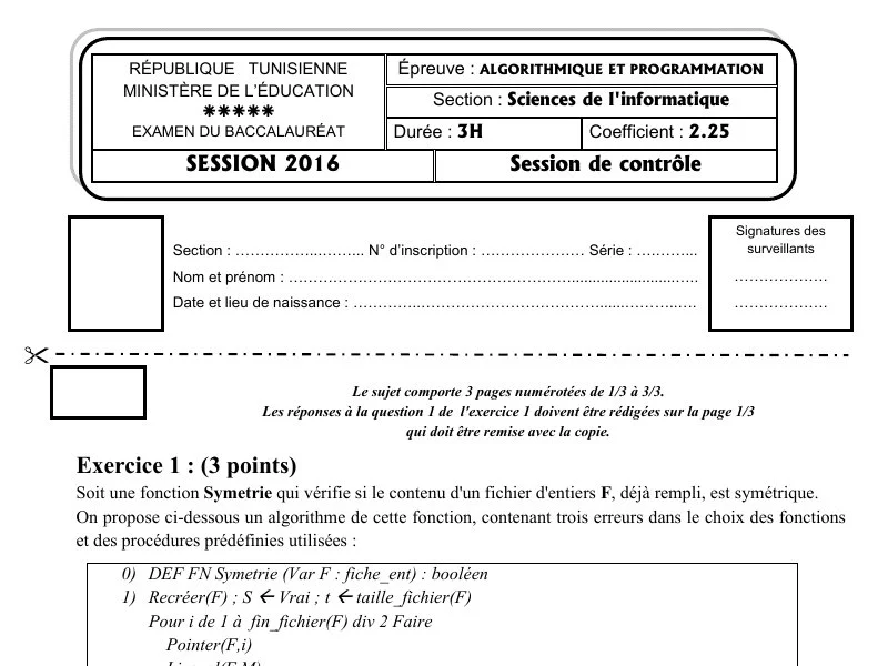 Correction Algorithme et programmation BAC 2016 S controle