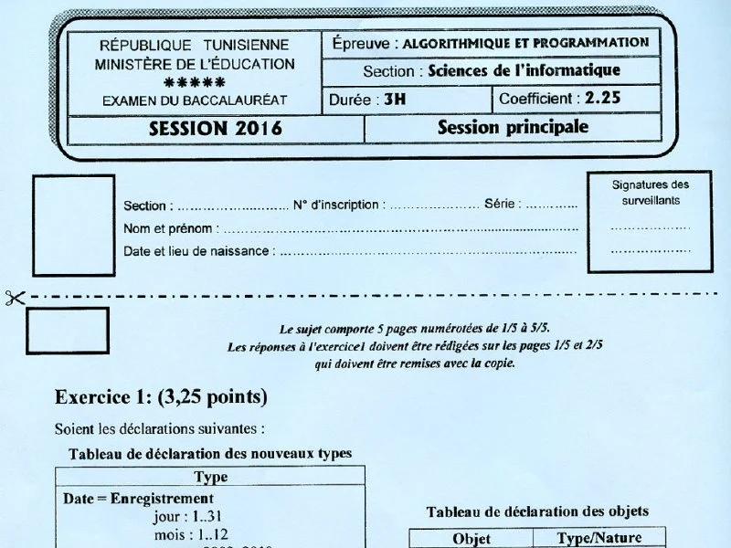 Examen d’algorithme et programmation BAC 2016 S principale