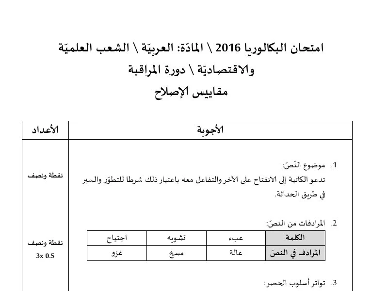 إصلاح إمتحان اللغة العربية لسنة 2016 دورة التدارك شعبة الرياضيات