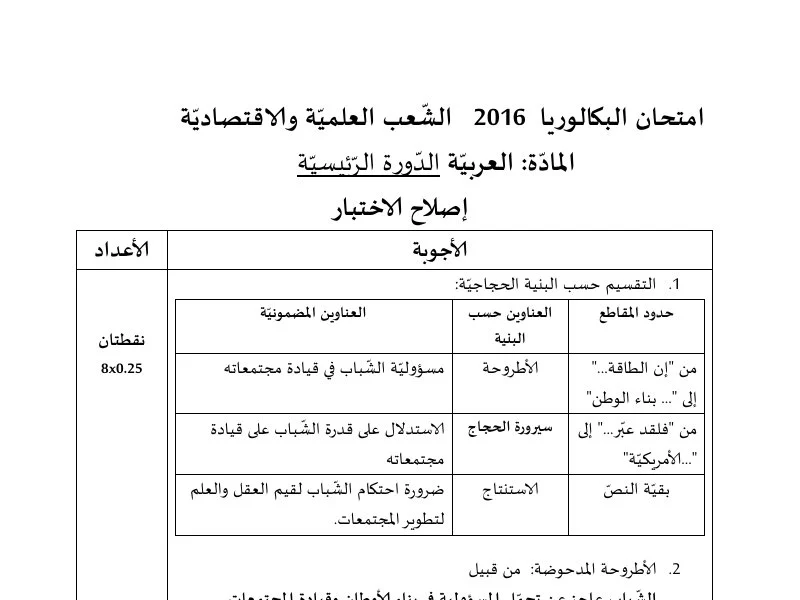 إصلاح إمتحان عربية لسنة 2016 الدورة الرئيسية باكالوريا علوم تجريبية