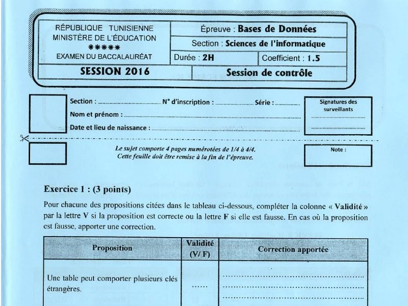 Examen de Base de donnée BAC 2016 controle