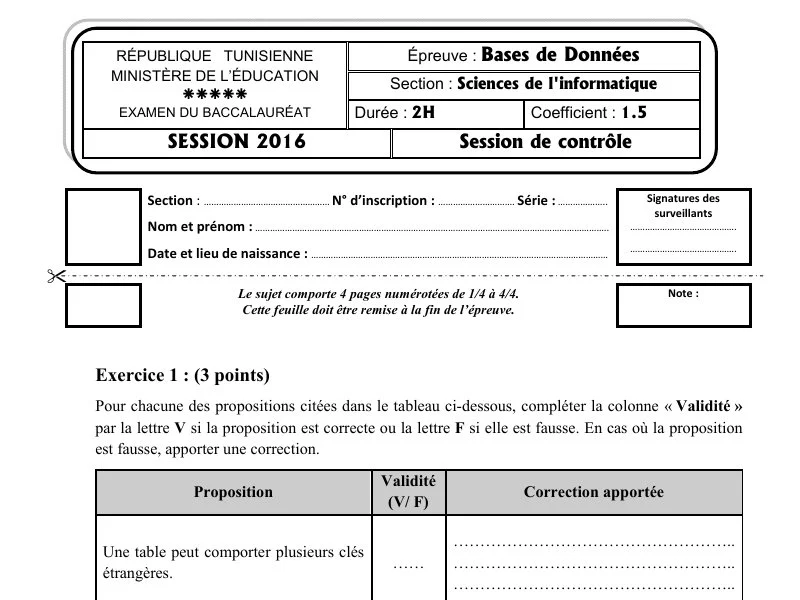Correction de l'examen de Base de donnée BAC 2016 controle
