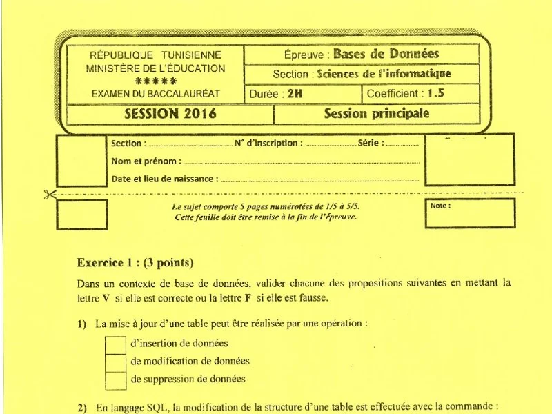 Examen de Base de donnée BAC 2016 principale