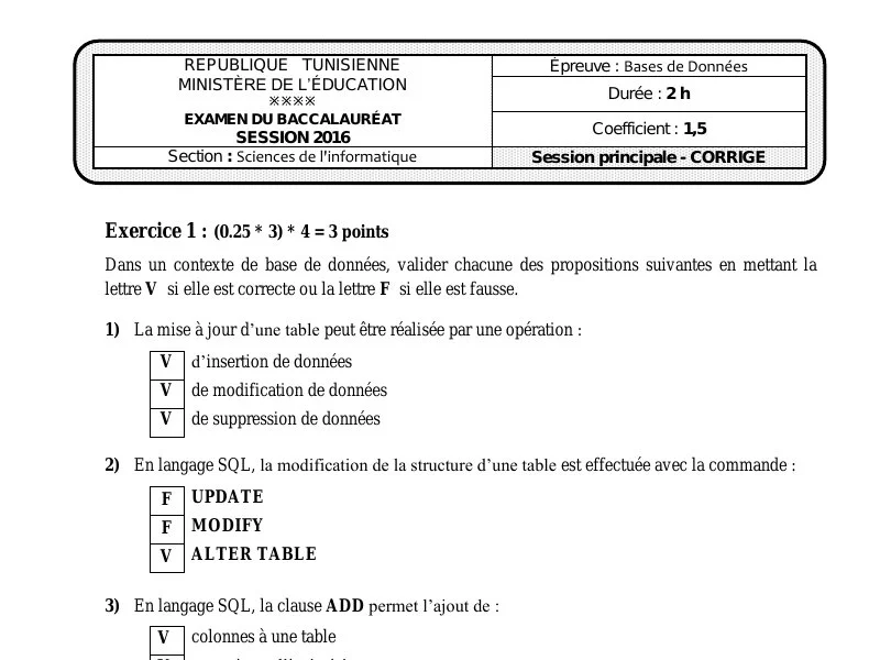 Correction de l'examen de Base de donnée BAC 2016 principale