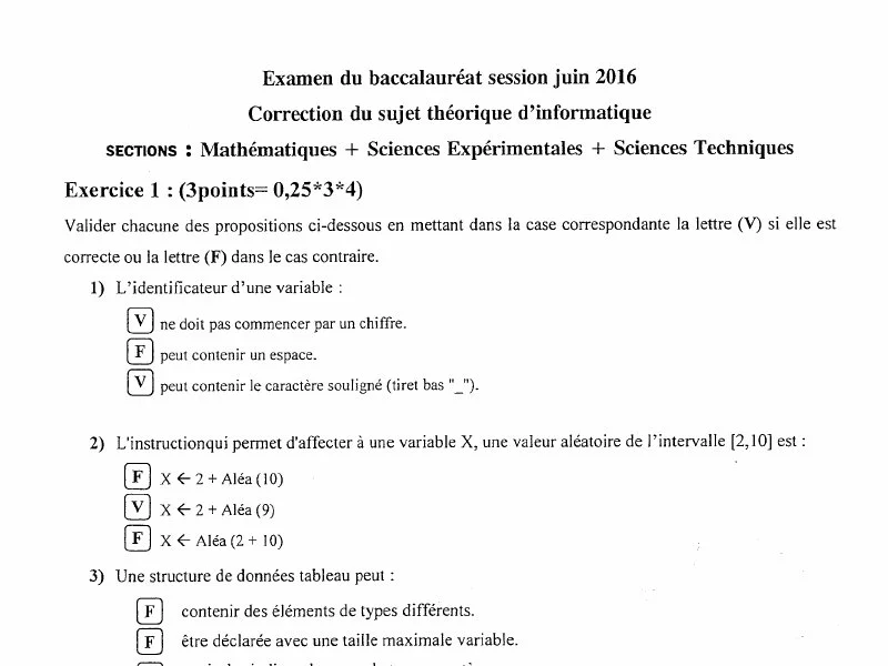 إصلاح إمتحان إعلامية لسنة 2016 الدورة الرئيسية باكالوريا علوم تجريبية
