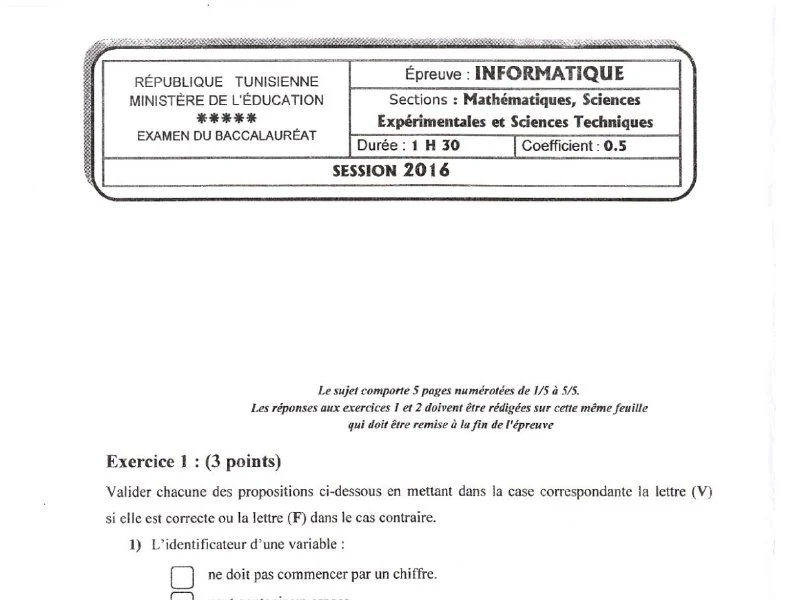 Examen Informatique Bac 2016 – Sciences Techniques