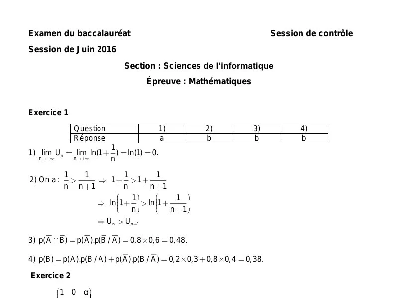 إصلاح إمتحان رياضيات لسنة 2016 دورة التدارك باكالوريا إعلامية