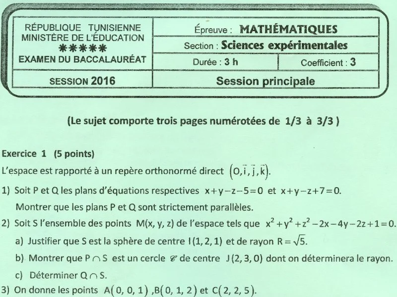 Bac 2016 Mathématiques : Sciences Expérimentales - Session Principale