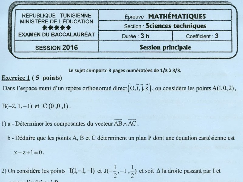 Examen Maths Bac Tech 2016 Session Principale