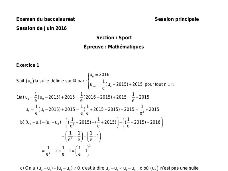 Correction Bac 2016 Maths : Épreuves Éducation Physique Tunisie