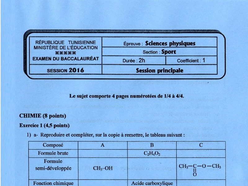 Exam Sciences Physiques BAC 2016 - Session Principale Sport