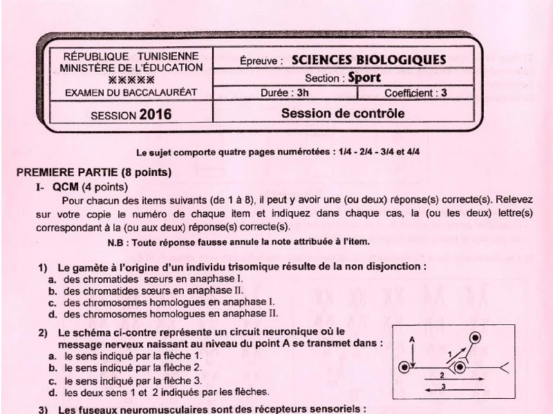 Examen SVT BAC 2016 Tunisie (Rattrapage) - Bac Sport
