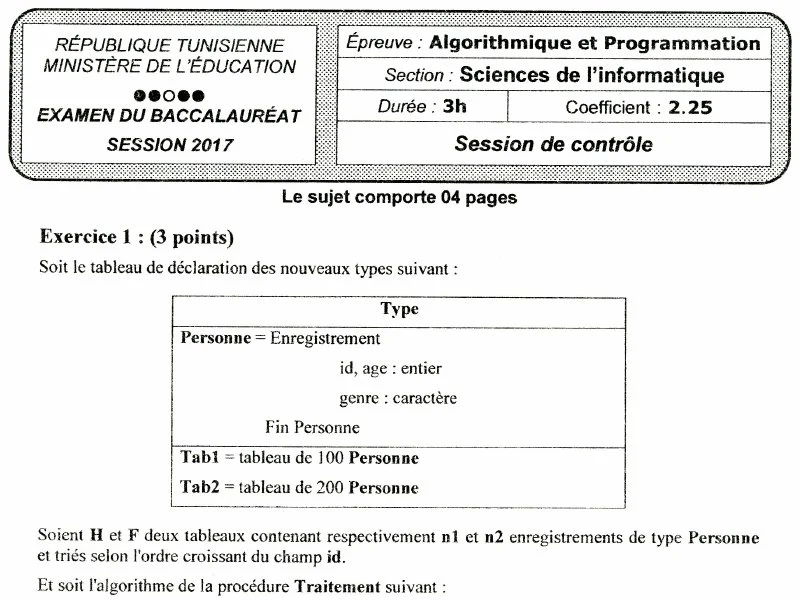 Examen d’algorithme et programmation BAC 2017 S controle