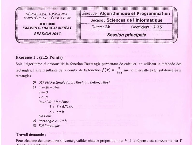 Examen d’algorithme et programmation BAC 2017 S principale