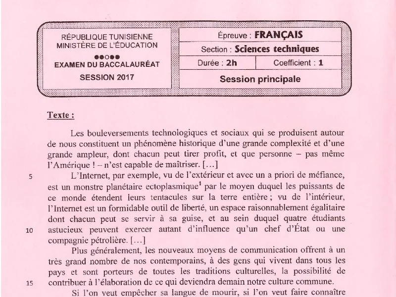 إمتحان اللغة الفرنسية لسنة 2017 الدورة الرئيسية باكالوريا علوم تقنية