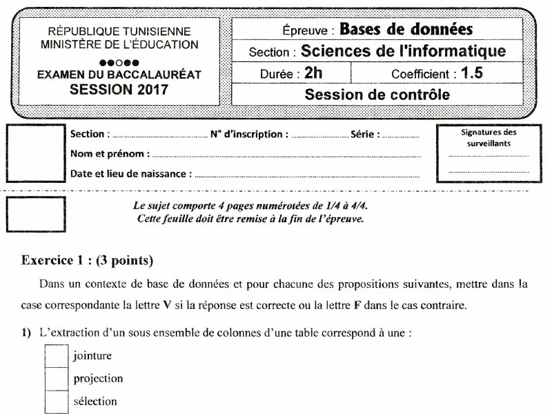 Examen de Base de donnée BAC 2017 controle