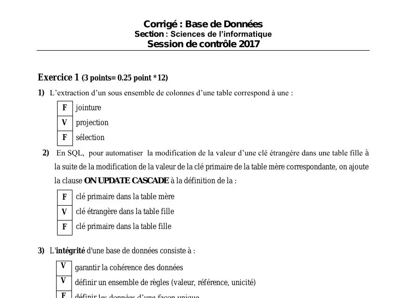 Correction de l'examen de Base de donnée BAC 2017 controle