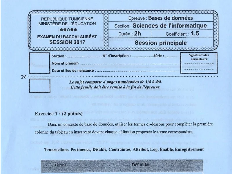 Examen de Base de donnée BAC 2017 principale